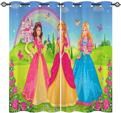 ANHOPE Fairy Tale Princess Blackout Thermal Curtains 46 x 54 Inch 2 Panels | Castle Rainbow Garden Floral Print, Eyelet Top, 80% Black out, Soundproof, Kids Girls Window Drapes for Bedroom Living Room