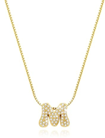 CyxenNova Personalisierte Kette mit Buchstaben Anhänger, Klein Halskette Damen Gold Statement Kette Damen mit Bling Zirkonia Choker Kette Gold, Geschenke für Frauen (M)