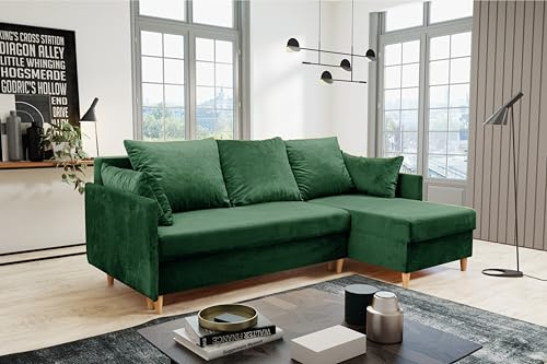 KIER FURNITURE Ecksofa mit Schlaffunktion Kendi - 210 cm Lang - L-Form-Sofa als 3-Sitzer – Wohnzimmer-Couch mit Bettkasten und Armlehnen - Große Liegefläche 140 x 200 cm - Samt Grün