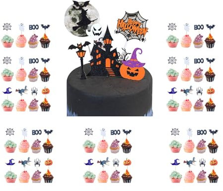 54 Pezzi Decorazioni Torta Halloween, Cake Topper Con Zucca, Pipistrello, Fantasma e Ragno - Perfetto per Feste di Bambini e Celebrazioni (Halloween-A)