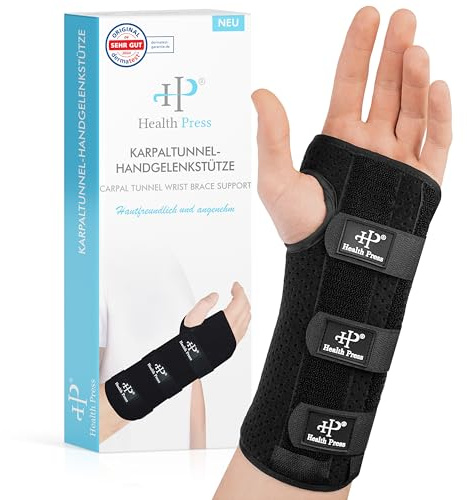 Health Press Karpaltunnel Bandagen – 1x Karpaltunnel-Handgelenkstütze mit Metallschienen – Karpaltunnelsyndrom Schiene zur Unterstützung, Stabilisierung, Immobilisierung (S, Links)