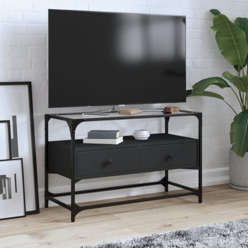 Rantry Mobile TV con Piano in Vetro Nero 80x35x51 cm Legno Multistrato, Tavolino per TV，Mobile Porta TV Soggiorno，Mobiletto Basso per TV da Salotto Industriale Supporto TV