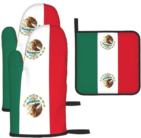 YYHHAOFA Lot de 3 gants de cuisine imperméables et durables pour four et manique pour isolation thermique et motif drapeau du Mexique