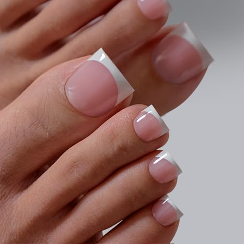 BTArtbox Press On Toenails - Lamp-Curable Sharp Square Toe Nail Press Ons with Glue for Women, Semi-Transparent French Tip Fake Toe Nail Tips in 15 Sizes - 30 Toenails Kit, Ma'am