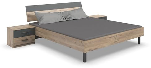 möbelando Bettanlage >Budapest< Modernes Bett Budapest (189x81x210 cm) inkl. 2 Nachtkommoden (52x40x38 cm) in Viking-Oak Nachbildung mit Graphit-Absetzungen, höhenverstellbar, belastbar bis 160 kg.