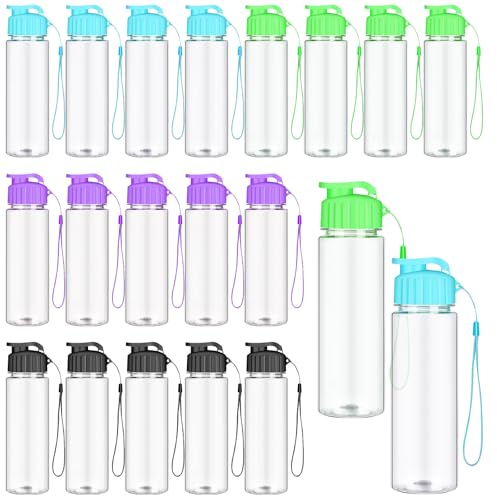 20 Pcs Plastic Water Bottles Bulk for Kids, 500ml Reusable Drink Bottles | Clear Flip Top Sports Water Bottle, Leak Proof Tumbler with Lids and Handle Strap, for School Gym Travel Outdoor, 4 Colors