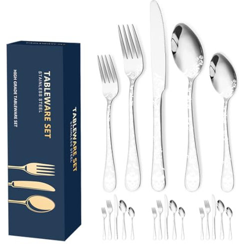XIAOYU Halloween Silverware Set for 4, 20-Piece Stainless Steel Flatware Set, Gothic Skull Candle Bat Pattern Design, Skeleton Knive Fork Spoon Utensils Cutlery for Halloween Easter Christmas