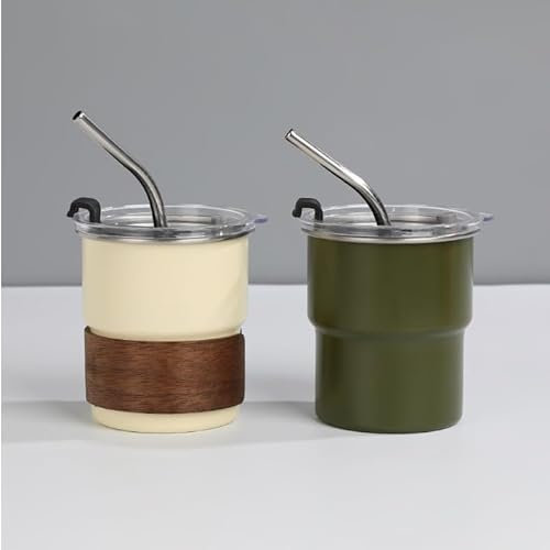 Wandefol Juego de 4 tazas de acero inoxidable de 300 ml, taza térmica para café con tapa abatible, pajita y asa, taza de viaje de doble pared, taza de camping para café y bebidas frías