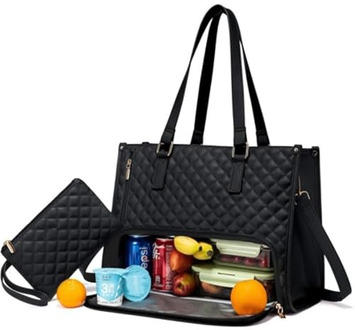 Lunchtasche für Damen,15,6 Zoll Laptop-Tasche mit isoliertem Lunchfach,Große Einkaufstasche,2-in-1 Lunch Bag Tote Bag Kombination,Kühltasche mit Geldbeutel für Arbeit,Uni,Büro,Picknick (Schwarz)