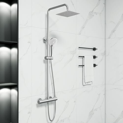 Biubiubath Thermostatic Shower Mixer Set | Dual Heads with 8 Rainfall Shower | Wall Mounted Round Bar Mixer Shower Chrome Finish | Adjustable Sliding Riser Rail Kit