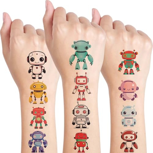 Qpout 10 hojas de tatuajes temporales de robot para niños, bonitas calcomanías de robot para fiestas de cumpleaños, recuerdos de carnaval, recompensas de aula para niños y niñas