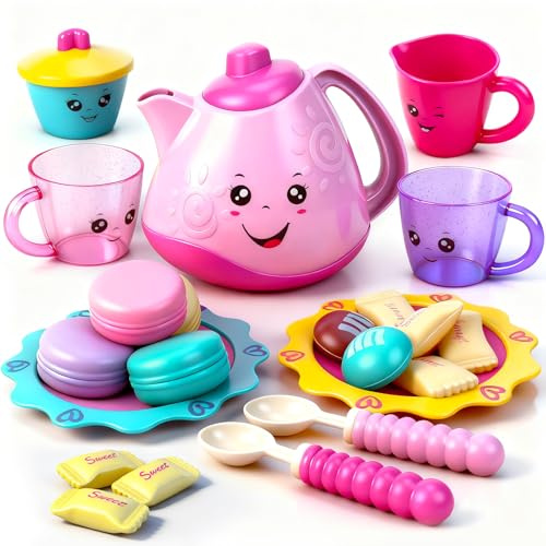 Tea Party Set with Teapot, Kettle & Sweet Treats for Kids Imaginative Play and Tea Parties, Pretend Play Kitchen Toy for Age 3+
