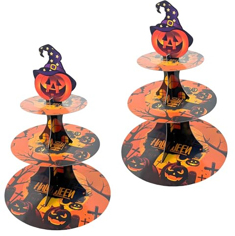 Confezione da 2 alzate per torte in cartone, a 3 livelli, rotonde per Halloween, per torte di Halloween, forniture per feste, esposizione di cibo, decorazioni per baby shower (cappello da strega di
