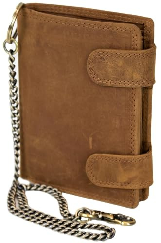 MDM Portafoglio da motociclista da uomo in pelle con catena, in vera pelle, design vintage, protezione RFID, molte carte di credito e portamonete, Marrone brillante, 10.0 X 12.5 X 2.5 Centimeters