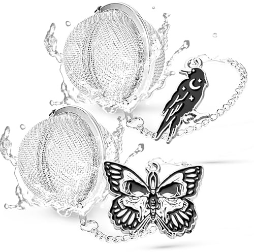 TeaSanavie 2 Pack Halloween Themed Tea Infuser - Gothic Loose Leaf Tea Steeper with Black Raven & Skull Butterfly Charm, 304 Stainless Steel, Perfect Spooky Tea Gift​