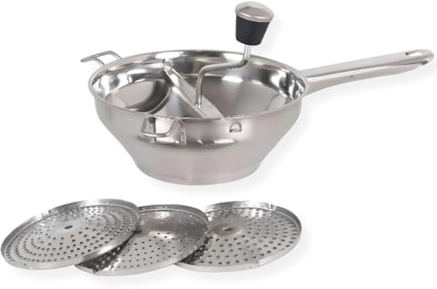 PARENCE.- Tritaverdure in acciaio inox con 3 dischi intercambiabili - Schiacciapatate manuale ø20 cm - Utensili da cucina per puree, zuppe, salse e composte