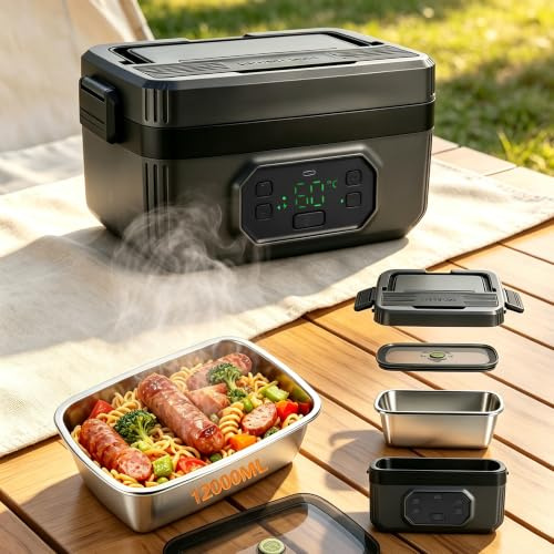 Strixorn Lunch box riscaldato elettrico da 1.2 litro con batteria da 21000 mAh - Lunch box isolato tramite USB con riscaldamento automatico, contenitore in acciaio inossidabile 304 (1.2 L)