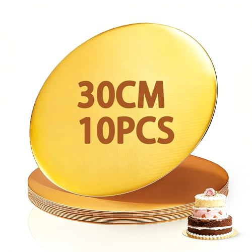 XRXYMQ 10 Pièces Plateau Gateau Ø 30 cm (12 inch) Cake Board Réutilisables Support Gateau Rond Imperméable Supports à Gâteaux Ronds Doré Disque für Geburtstagsfeiern Familienfeiern Konditoreien