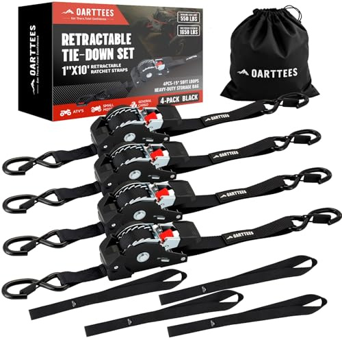 Retractable Ratchet Straps (4-Pack) - 1 Inch x 10 Feet (1,650lb Break Strength) - Heavy Duty Auto Self Retracting Tie Down Straps for Truck, Cargo Trailer, Motorcycle, ATV, UTV - Black