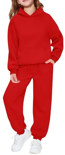 Mjjsk Barn träningsoverall set flickor pojkar 2 delar sportkläder långärmad tröja med huva träningsbyxor outfit casual huvtröjor joggingbyxor set, Röd, 9-10 Years