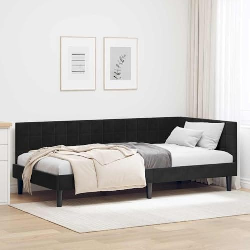 ACAGALA Tagesbett Einzelbett 100x200 cm, Bettgestell mit Kopfteil und Lattenrost, Eckbett in Stoff ohne Matratze, Jugendbett Gästebett Schlafsofa für Schlafzimmer Wohnzimmer, Schwarz