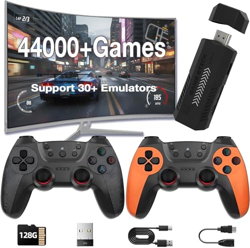 XYELLOWICON X2 Pro Retro Game Stick Game Console with 44,000 Classics, 128GB Storage, 4K HD Output, Dual 2.4G Wireless Gamepads, Plug & Play Arcade Stick for TV, Ideal Family Gaming Gift