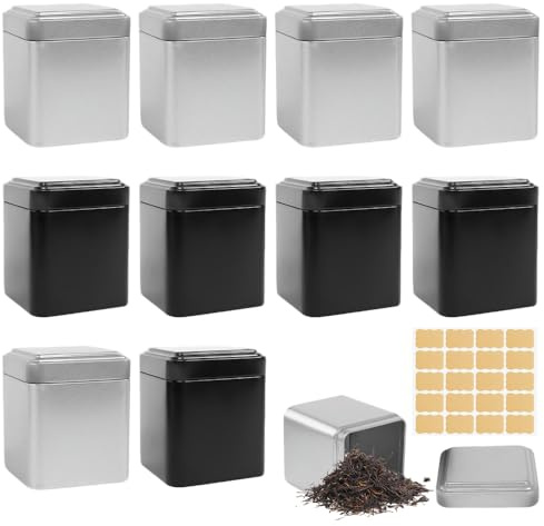 AXVRAV 10 Stück Klassische Eckige Teedose, 7 x 7 x 8.5 cm Teedosen für Losen Tee, inkl 20 Etiketten, Metall Aromadichte Teedosen Set, Tee Aufbewahrung für Tee, Kaffee, Zucker (Schwarz & Silber)