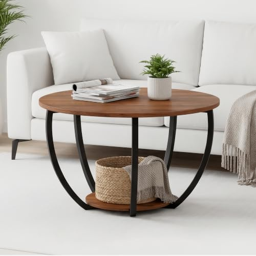 HOMERECOMMEND Soffbord rund med förvaring, bord med 2 nivåer för vardagsrum, litet soffbord, soffbord för hemmakontor, valnöt