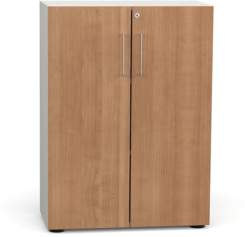 Flügeltürenschrank Cabino 80×42×110 cm – abschließbarer Aktenschrank 3OH in Weiß/Nussbaum mit 110° Drehtüren & Metallgriff