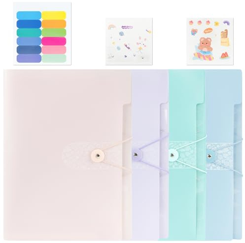 Dokumententasche A4,Akkordeon-Mappe, 12 Fächer, 4er Set in 4 Farben (Rosa, Blau, Lila, Hellgrün) inkl. 4 Indexkarten + 4 Aufkleber, für Büro, Schule, Dokumente
