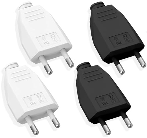 ERBO Eurostecker Flach 4 Stück, Flachstecker 250V 2,5A Stromstecker für Innenbereich, Flacher Stecker für Euro-Steckdose, Platzsparend & Robust, (Weiß+Schwarz)