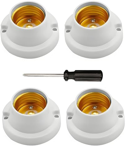 E27 Lamp Holder 4 Pack, White Round Light Bulb Socket Base, Max 100W 220-240V Heat-Resistant Lamp Fittings for LED, Filament & Smart Bulbs, Ceiling & Wall DIY Lighting, with Phillips Screwdriver