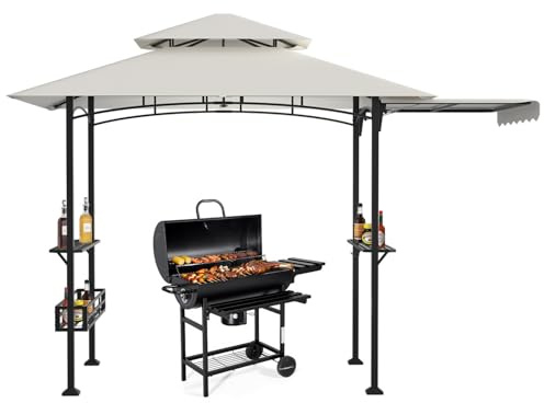 Eikuavons Grillpavillon 238 x 148 x 242 cm mit Seitenvordach, BBQ Pavillon mit Doppeldach, 2 Seitenablagen, Ablagekorb, 10 Haken, Flaschenöffner, UV30+ Sonnenschutz, für Garten und Terrasse, Cremeweiß