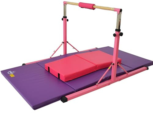 LeapGymnastics Junior GymPro Adjustable Gymnastics Bar Kit for Kids with Mats - Foldable Home Gym Equipment with Floor Mat, Crash Mat, and Bar Pad - Training Gym Bar Set for Girls & Boys - Pink