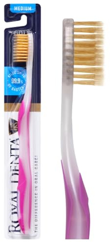 Royal Denta Manual Toothbrush for Adults, Medium Soft Toothbrush with Dual Length Gold Bristles, Interdental, Flossing Brush & Teeth Whitening, Ergonomic Grip Handle (Pink)