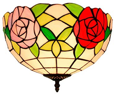 12 Inch Tiffany Style Pastoral Ceiling Lamp Antique Red Pink Orange Flowers Stained Glass Shade Flush Mount Ceiling Light for Corridor,Rose