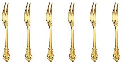 WULUN Golden Besteck-Set Barock, aus 18/10 Edelstahl Spiegelpolierte, ideal für Haus, Küche, Restaurant, Hochzeit, Partys, Nachmittagstee, 2 Zinken Obst Gabel Schneckengabel 6-teiliges, Länge 16.5cm