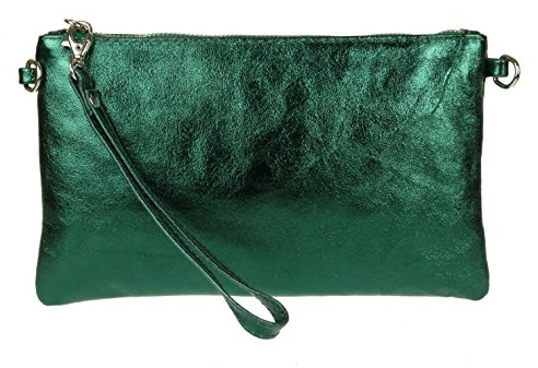 Womens Genuine Italian Snake Skin Metallic Leather Clutch Bag (Green)