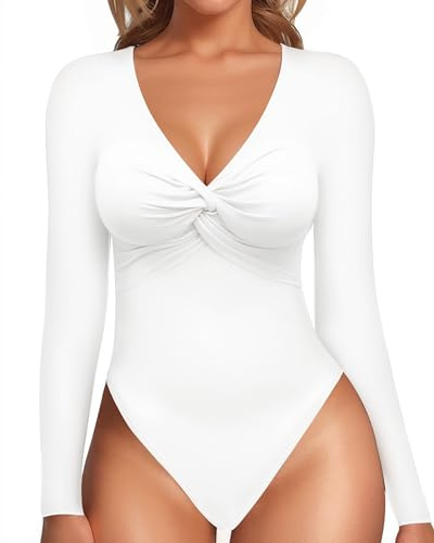 MANGOPOP Bodysuits for Women Deep V Neck Twist Knot Fitted Long Sleeve Bodysuit Basic Tops Casual T Shirts, White, X-Large