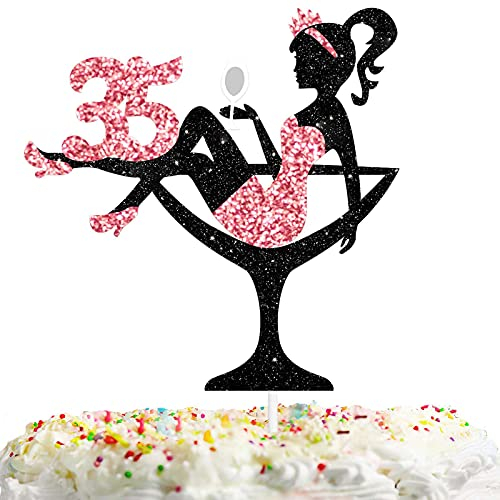 Sitting Girl Cake Topper Picks for Girl Lady 35th Birthday Makeup Spa Theme Party Decoration Supplies 35 Silhouette High Heeled Girl Cake Decor Rose Gold Glitter