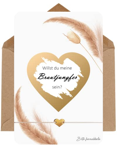 LeniSch Brautjungfer fragen Karte | Rubbelkarte mit Herz Armband (18K Gold) | Willst du meine Brautjungfer sein | Rubbellos Geschenkidee