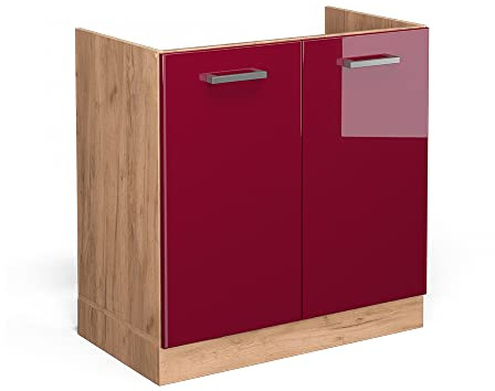 Vicco Spülenunterschrank R-Line, Rot Hochglanz, 80 cm | 2 Türen · Ohne Arbeitsplatte · Höhenverstellbare Füße · Großer Innenraum ✓ · ✓ Frei kombinierbar