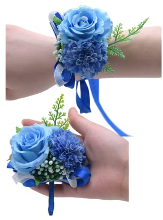 Rikyo 2 Rose Wrist Corsage Boutonniere, Handmade Silk, Bridal Wrist Flower for Bride, Men, Prom Party Homecoming Bridesmaid (Royal Blue)