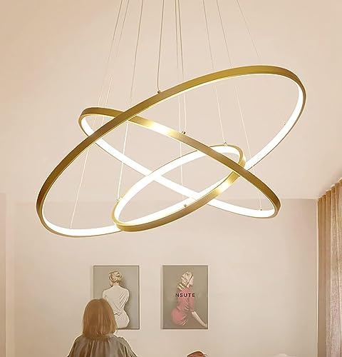 ANZHUANG LED Pendelleuchte Wohnzimmerlamp Höhenverstellbar Kronleuchter Dimmbar mit Fernbedienung Hängeleuchte Esstisch Pendellampe Metall ring Acryl Deckenleuchte Esszimmer Hängelampe,Gold,115W