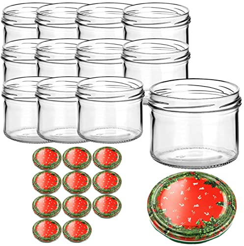gouveo 12er Set Einmachglas 230 ml (0,23 l) Einmachglas 230 ml Sturzglas TO82 Twist-Off Schraubdeckel TO 82 Motivdeckel Weihnachtskranz Klarglas Marmeladengläser Vorratsgläser