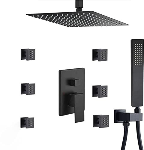 XJTNLB Grifo Ducha Empotrada Techo Columna Ducha Hidromasaje con Alcachofa de Ducha de Mano y Chorros de Masaje Negro