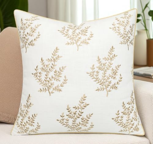 VAGMINE Embroidered Botanical Accent Pillow Cover 20x20 – Ivory Cotton Square Cushion Cover for Chair & Couch Styling – Leaves