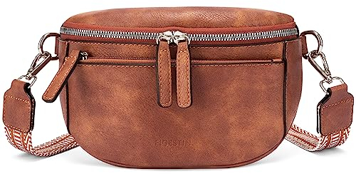 FIGESTIN Bauchtasche Damen, PU Leder Crossbody Bag Damen Breiter Gurt, Umhängetasche Damen Klein Verstellbarer Riemen Braun