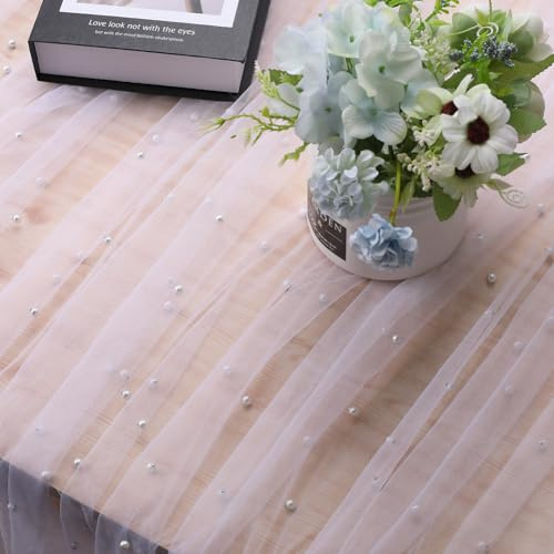 GORGECRAFT 183x150cm Die großen Weiße Netz-Tischdecke Spitzenstoffe Perlen-Tischdeckenläufer Errötende Braut-Hochzeits-Bogen-Dekorationen Abdeckungen Für Hochzeit Geburtstag Esstisch-Dekorationen