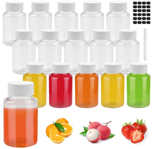 HEKOBAG 16pcs 2.8oz/80ml Reusable Round Juice Bottles with Lids Ginger Shot Bottles - Plastic, Leak-proof, Reusable with Labels for Smoothies, Juice, Milk, Water